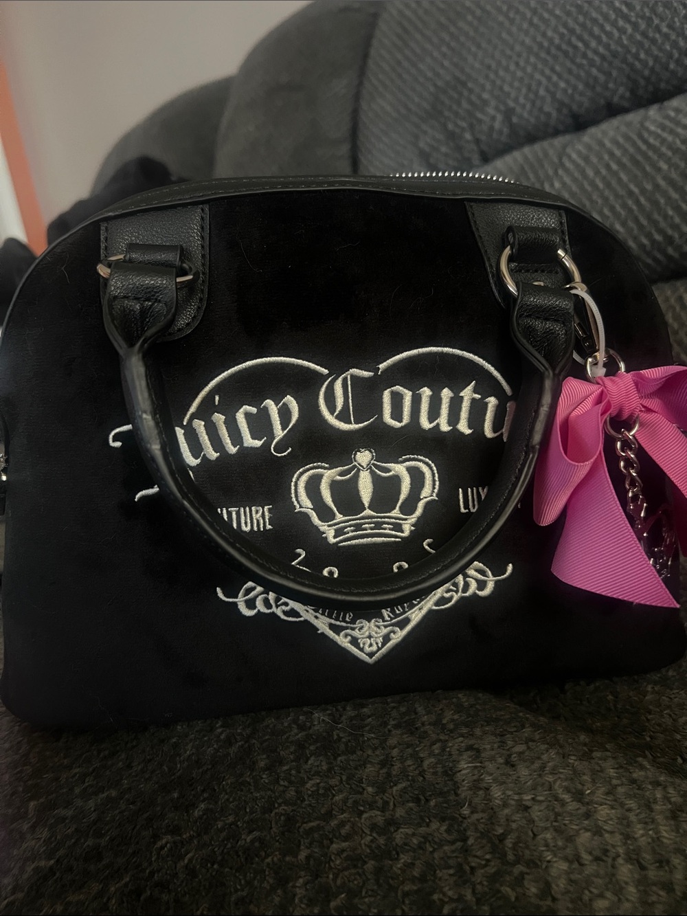 Juicy Couture Black Velvet Dome Satchel with Pink Bow Charm
